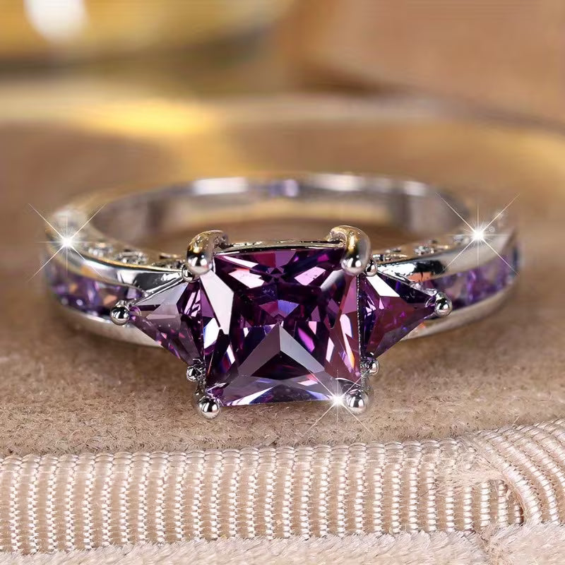 Silver amethyst geometric ring