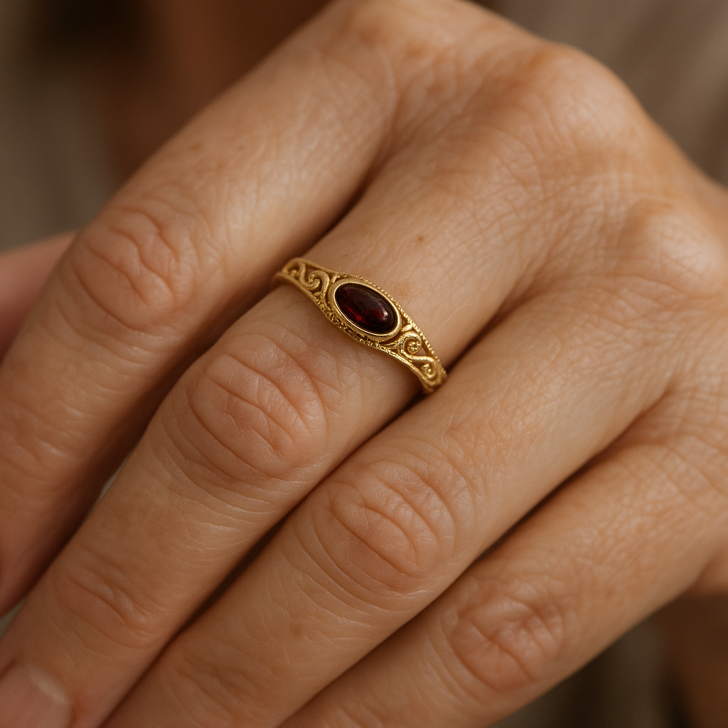 1+1 Offer: Golden Vintage Ring with Red Crystal