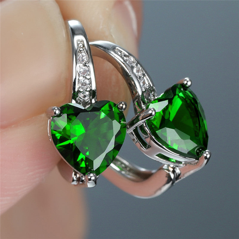 Silver emerald heart hoop earrings