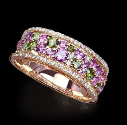 Golden Round Cut Peridot & Amethyst Wedding ring