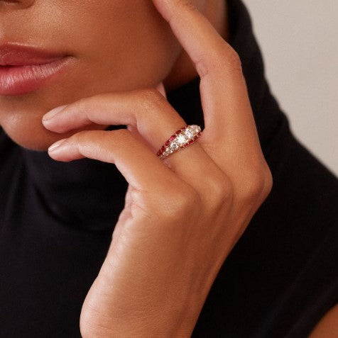 Rose Gold Round Cut Ruby & White Sapphire Wedding Ring