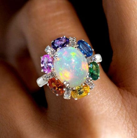 Rainbow Halo Oval Cut Opal Engagement Ring