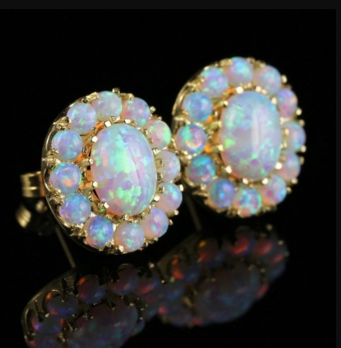 Golden Halo Oval Cut Opal Stud Earrings