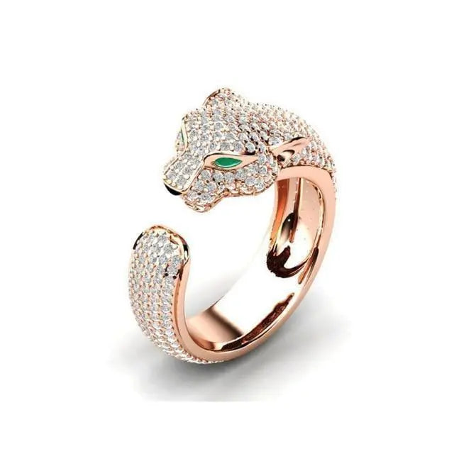 1+1 Offer: Adjustable Jaguar Ring and Rose Gold with Green Zirconia Eyes