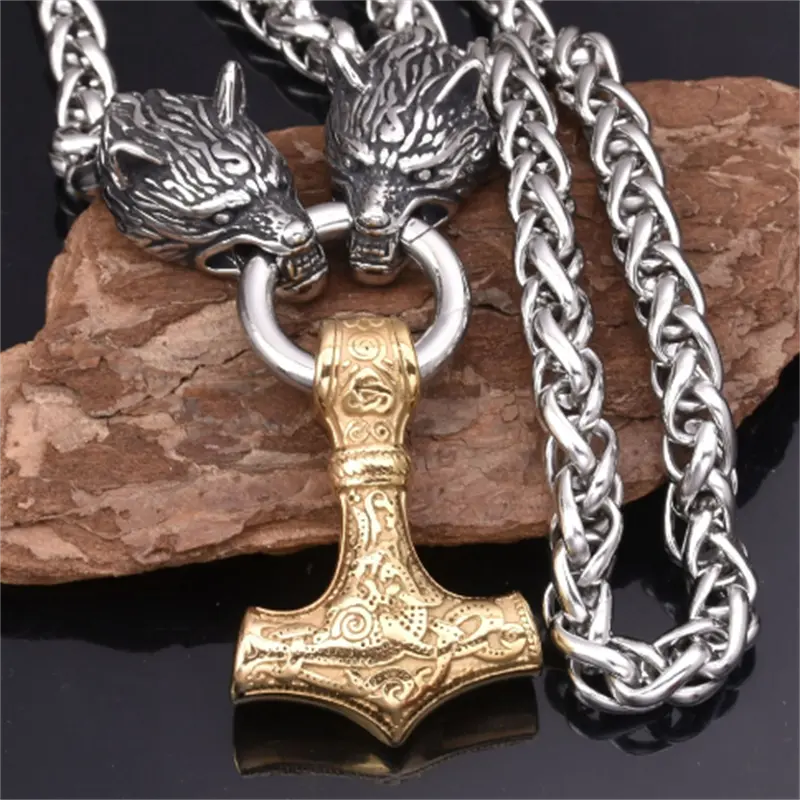 Men's Vintage Nordic Zinc Alloy Viking Wolf Head And Hammer Pendant Necklace