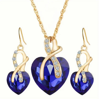 Gold sapphire heart necklace and earrings set