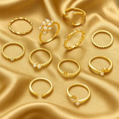 Silver & Gold Bohemian Ring Stack — Set of 10