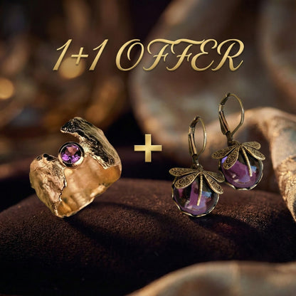 1+1 Offer: Vntage Purple Zirconia Gold Forged Ring + Antique Gold Dragonfly Sphere Earrings