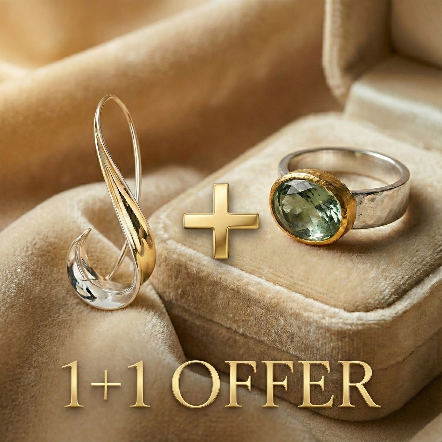 1+1 Offer: Green ring with rounded stone, Vintage + Golden dangling vintage earrings