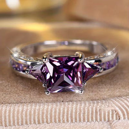 Silver amethyst geometric ring