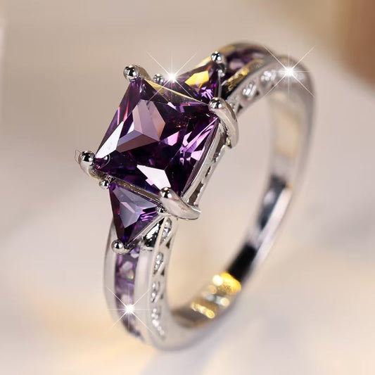 Silver amethyst geometric ring
