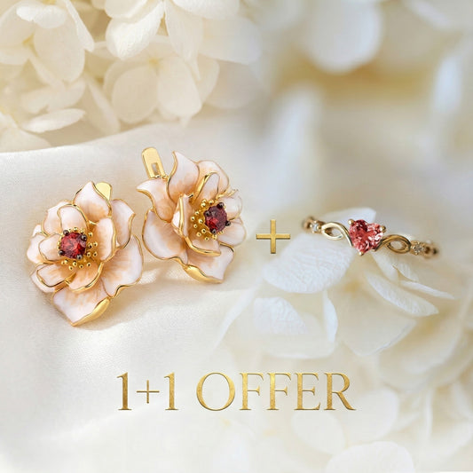 1+1 Offer: Zirconia Heart Ring + Vintage White Enamel Blossom Gold Earrings