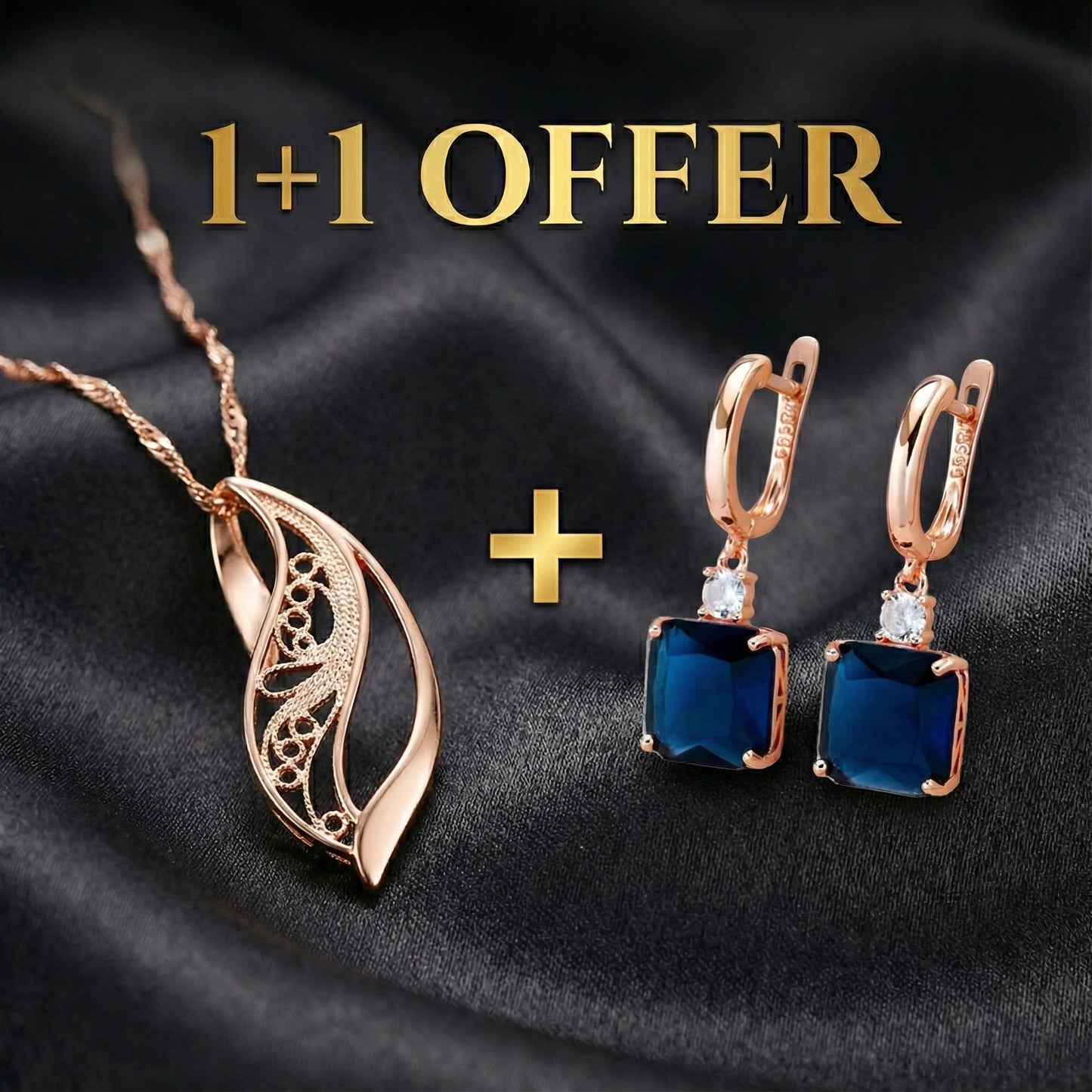 1+1 Offer: Elegant earrings with dark blue crystal in gold + Elegant Harmonious Necklace in Gold