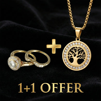1+1 Offer: Luxuriously Goldtone Tree Of Life Necklace Zirconia + Vintage Gold & Zirconia Ring Pack