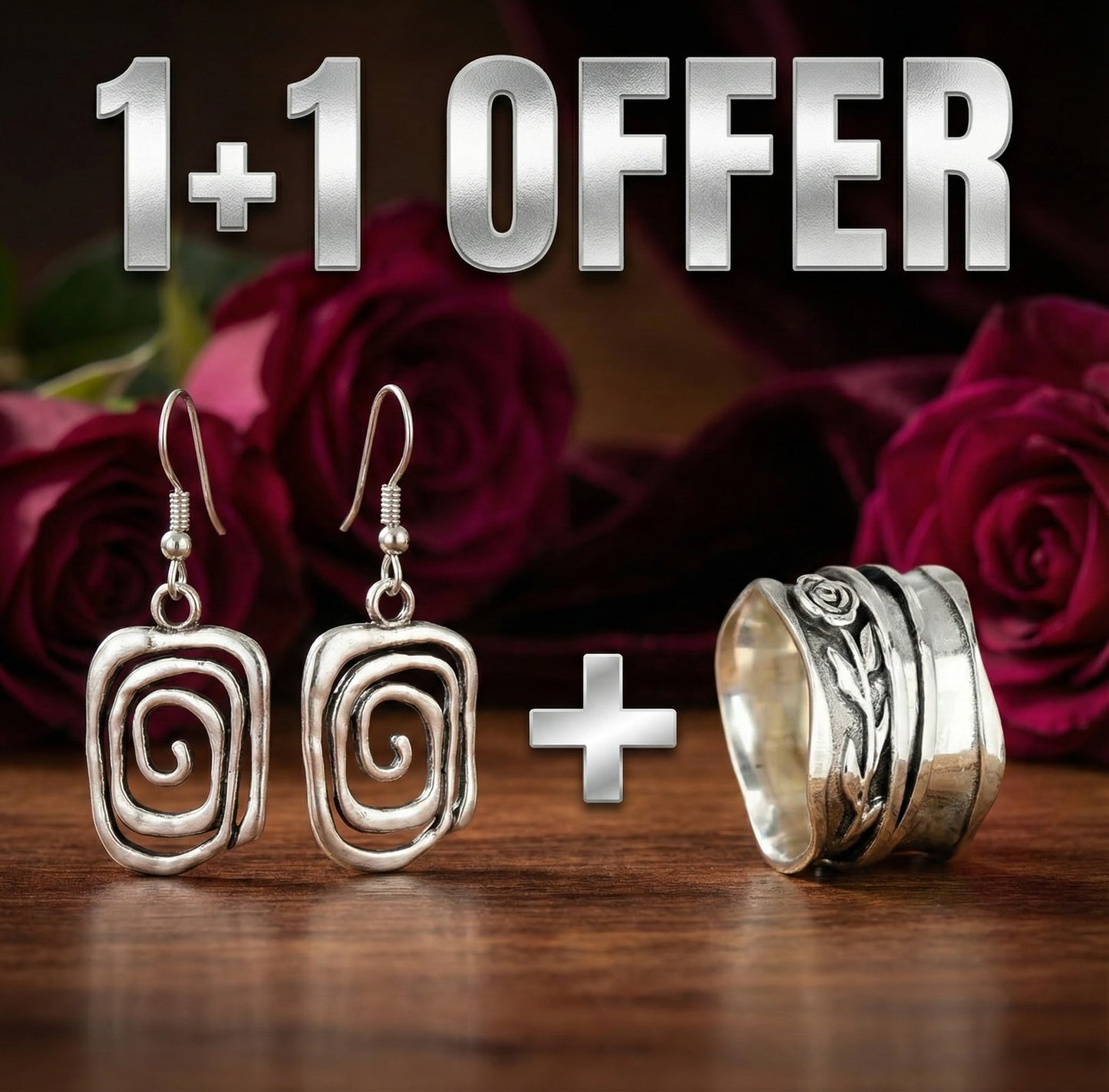 1+1 Offer: Spiral Boho Earrings in Silver + Vintage Silver Flower Ring