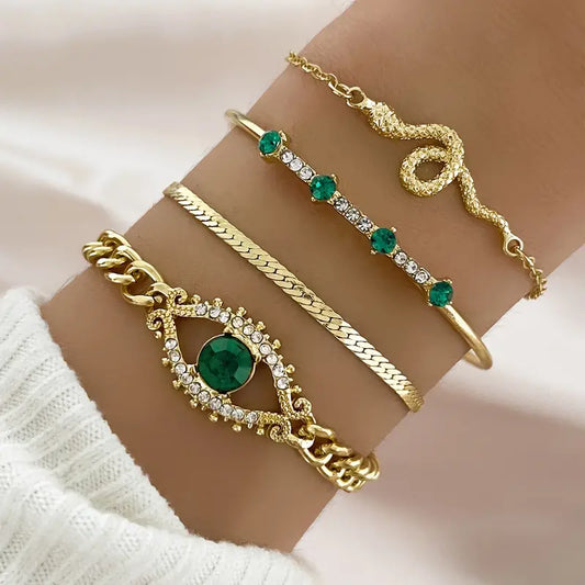 Gold emerald charm bracelet set
