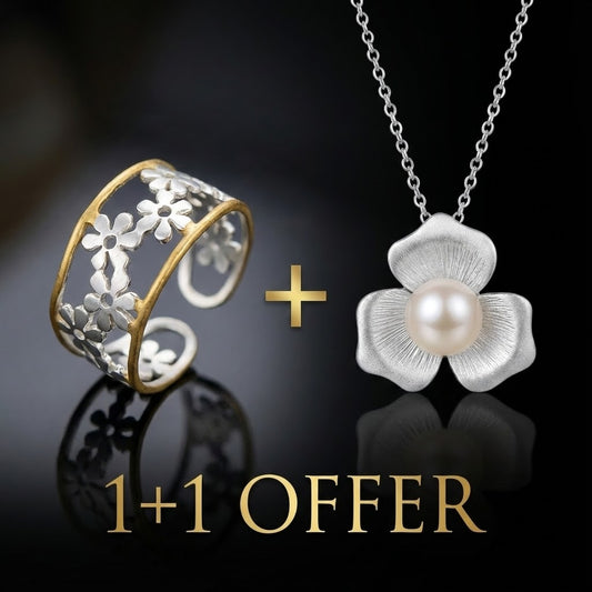 1+1 Offer: Elegant White Pearl Flower Necklace + Irregular Hollow Daisy Ring