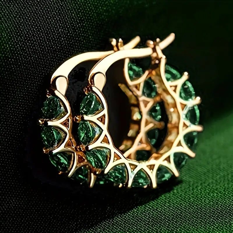 Gold emerald lattice hoop earrings