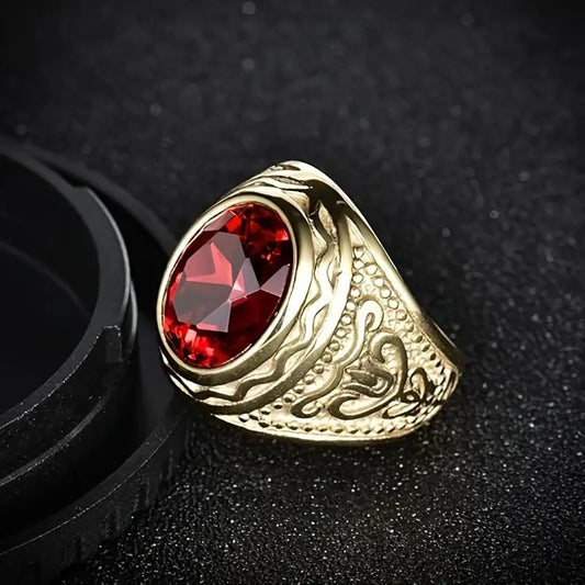 Gold ruby engraved ring