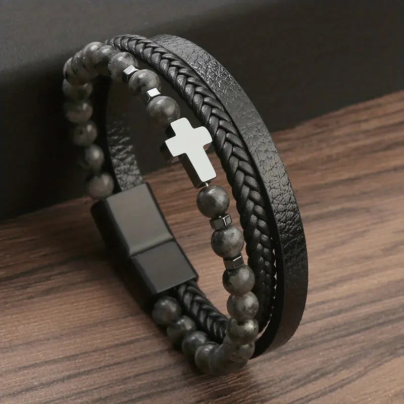 Men's Luxurious Obsidian Cross Stainless Steel Bracelet