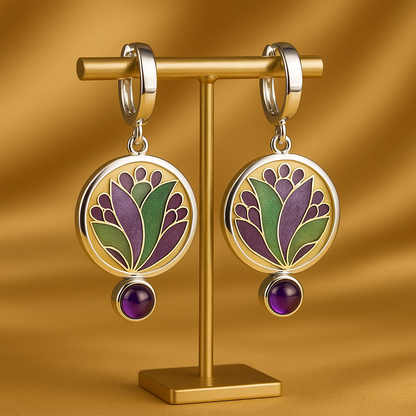 Silver Boho Earrings with Purple Crystals