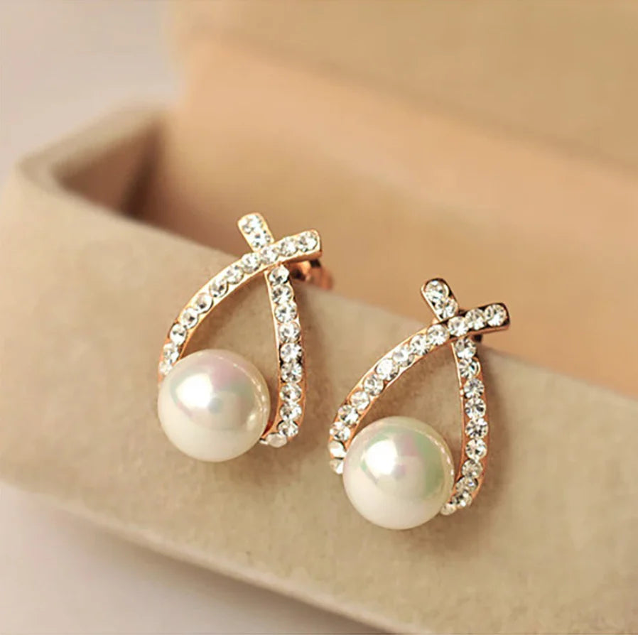 Eva | Crystal Studded Crisscross Pearl Earrings