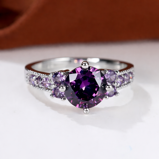 Silver amethyst side-stone ring