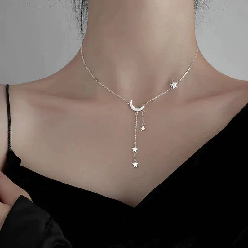 Elegant Silver Moon & Star Necklace
