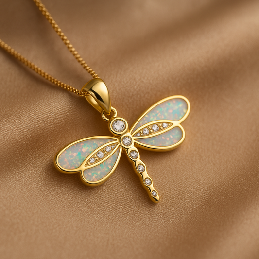 Elegant Gold Dragonfly Necklace with Opal Accent