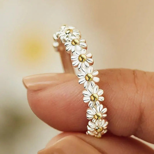 1+1 Offer: Adjustable Silver and Hand Painted Enamel Daisy Ring
