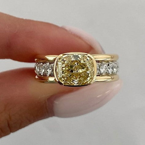 Two-Tone Bezel Cushion Cut Yellow Sapphire Engagement Ring