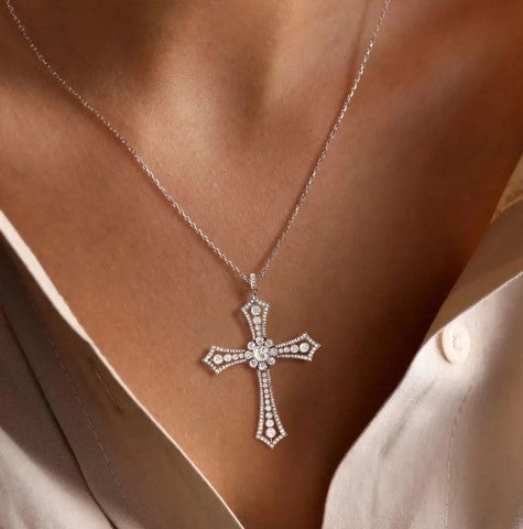 Vintage Round Cut White Sapphire Cross Necklace