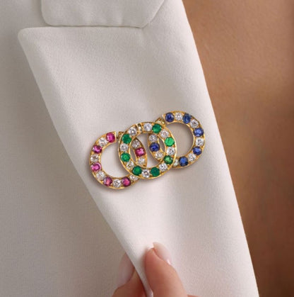 Gold Round Cut Multi-Colored Circle Brooch