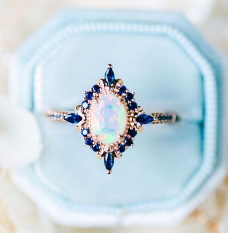 Rose Gold Halo Oval Cut Opal & Blue Sapphire Engagement Ring