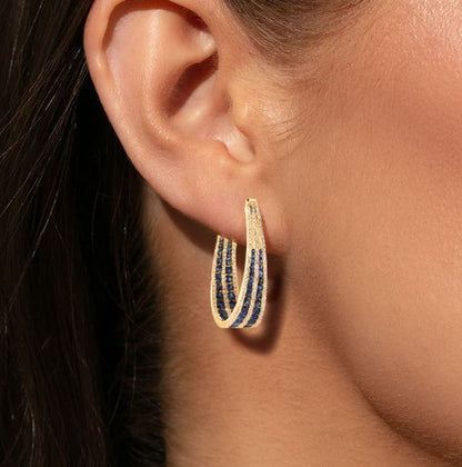 Golden Multi-Row Round Cut Blue Sapphire Hoop Earrings
