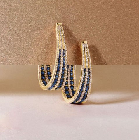 Golden Multi-Row Round Cut Blue Sapphire Hoop Earrings