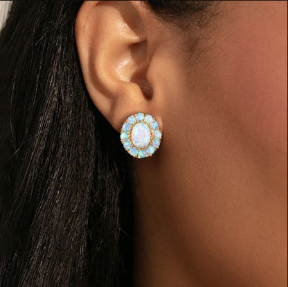 Golden Halo Oval Cut Opal Stud Earrings