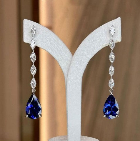 Elegant Pear Cut Blue Sapphire Drop Earrings