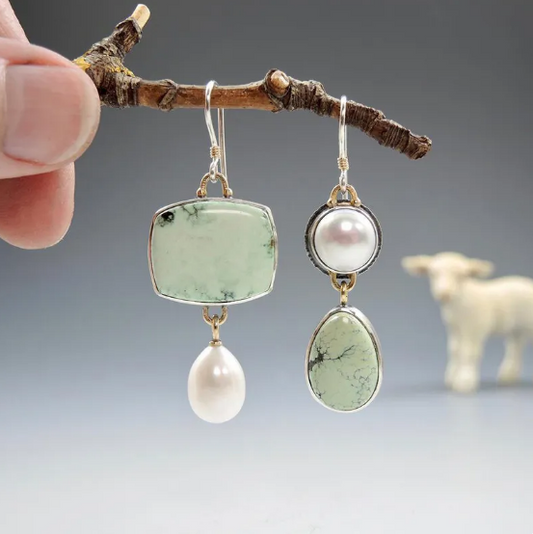 Asymmetric Pearl & Green Enamel Earrings