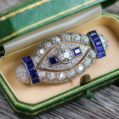 Milgrain Art Deco Round & Emerald Cut White & Blue Sapphire Brooch