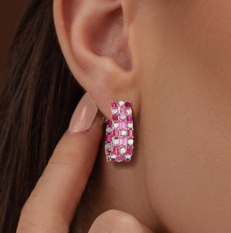 Rose Gold Emerald Cut Ruby & Pink Sapphire Hoop Earrings