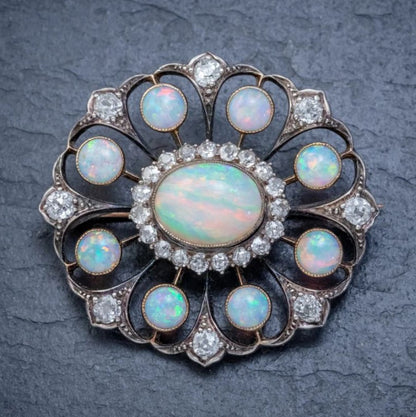 Antique Two-Tone Halo Oval & Round Opal Brooch