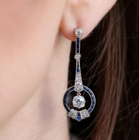 Art Deco Cushion Cut White & Blue Sapphire Drop Earrings