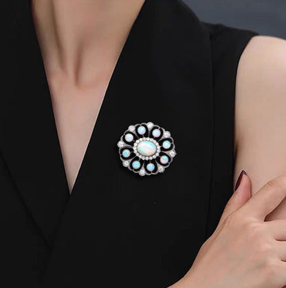 Antique Two-Tone Halo Oval & Round Opal Brooch