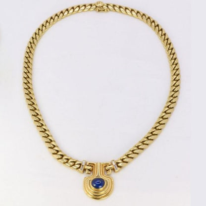 Vintage Golden Oval Blue Sapphire Necklace