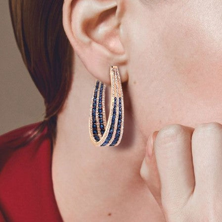 Rose Gold Multi-Row Round Cut Blue Sapphire Hoop Earrings