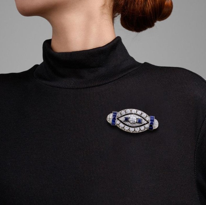 Milgrain Art Deco Round & Emerald Cut White & Blue Sapphire Brooch