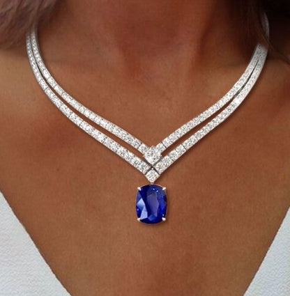 Double Row Cushion Cut Blue Sapphire Necklace