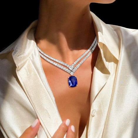 Double Row Cushion Cut Blue Sapphire Necklace