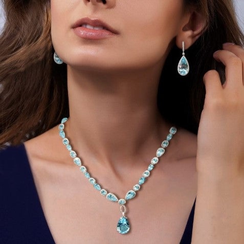 Pear Cut Aquamarine Sapphire Jewelry Set – Necklace & Earrings